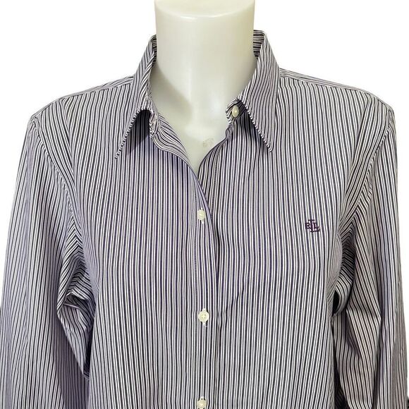 Lauren Ralph Lauren Striped Purple‎ NON IRON Button Down Collared Shirt sz large - Picture 2 of 7